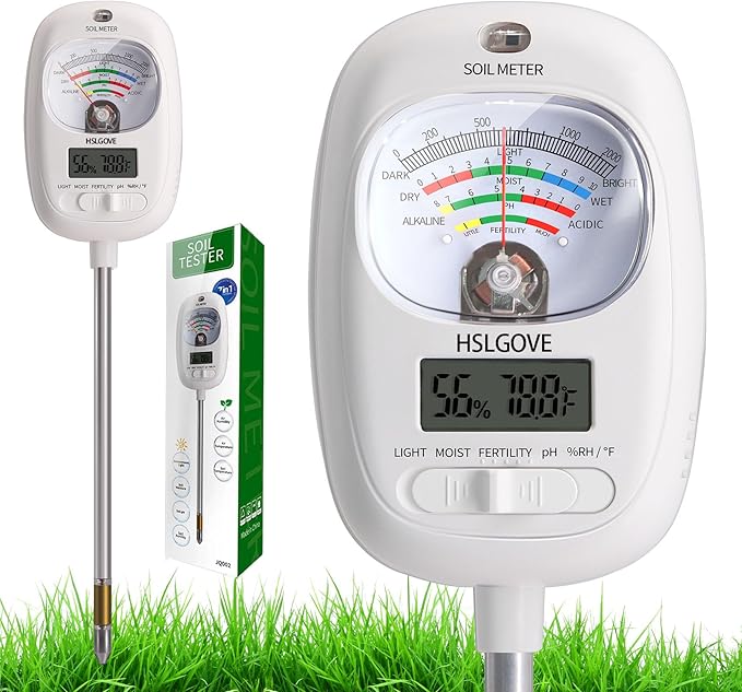 HSLGOVE Soil Test Kit, 7-in-One Soil Moisture Meter/Soil PH Meter/Fertility, Dual Screen Soil Tester w/Digital Soil Temp/Air Temp&Humidity for Plants Gardening,Lawn,Farm Indoor&Outdoor-Ice White by HSLGOVE