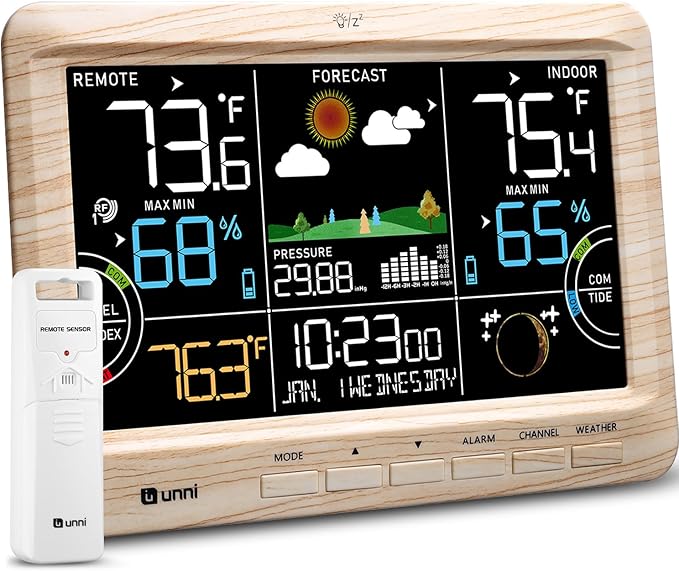 Weather Station Indoor Outdoor Thermometer Wireless, Home Atomic Clock with Large Constant Display, Inside Outside Temperature Humidity Monitor, Dew Heat Point, Barometer Wood by UUNNI