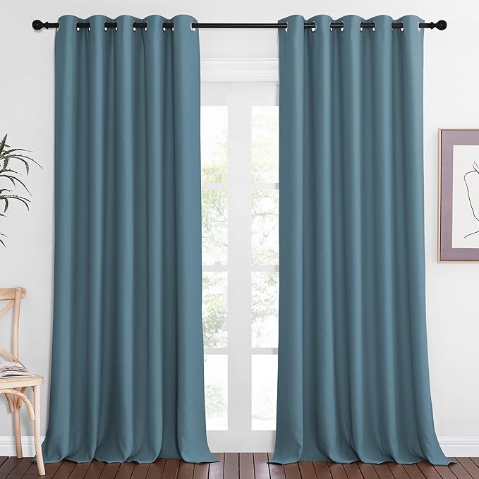 NICETOWN Blackout Curtain Drape for Bedroom - Light Reducing Thermal Insulated Solid Grommet Room Darkening Window Curtain 90 inches Long for Living Room (Smoky Blue, 1 Piece, W66 x L90) by NICETOWN