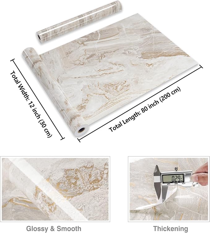 CRE8TIVE Beige Gold Liquid Marble Contact Paper for Cabinets Glossy Marble Wallpaper Peel and Stick Countertops Waterproof 12"x80" Self Adhesive Removable Wallpaper for Kitchen Desk Counter Top Covers - Image 8