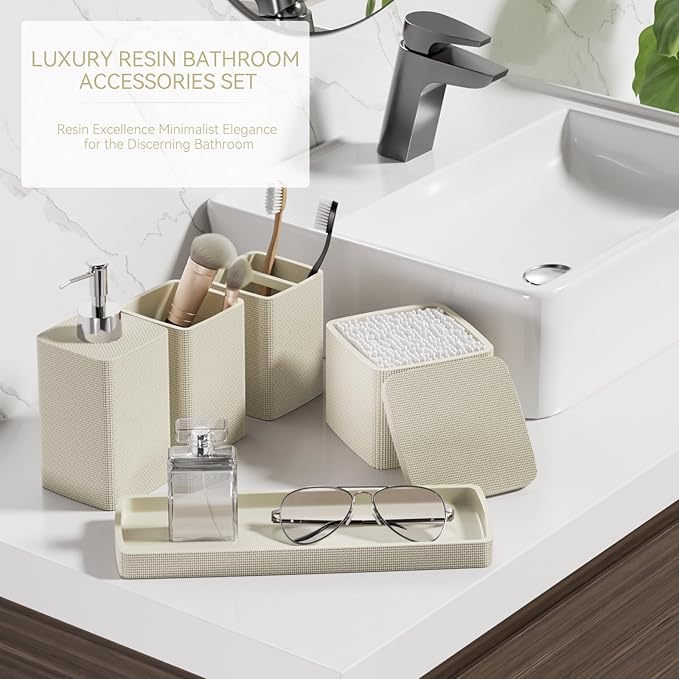 Beige Bathroom Accessories Set 5 Pieces, Resin Toothbrush Holders Set Complete with Soap Dispenser, Toothbrush Holder, Vanity Tray, Bathroom Tumbler and Qtip Holder for Small Spaces - Image 6