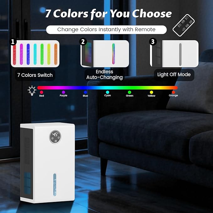 Dehumidifier for Home for Bedroom with 1000 sq.ft 120 OZ Water Tank,Dehumidifiers for Bathroom Basement with Remote Control,Auto Shut Off,Touchscreen,7 Colors LED Light - Image 5
