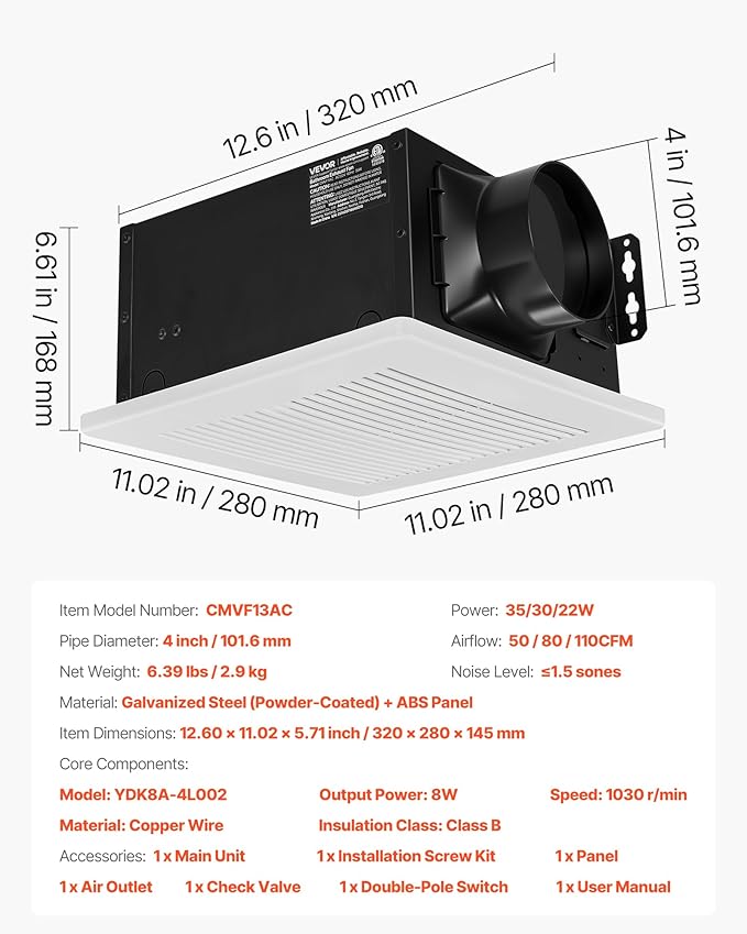 VEVOR Bathroom Exhaust Fan, 50-80-110 CFM Bathroom Vent, Low-Noise, Premium Motor Ceiling Fan, Standard 4-inch Duct Interface for Laundry Room, Storage Room, Home Ventilation, White - Image 7