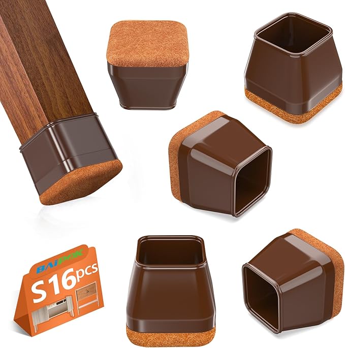 16Pcs Square Chair Leg Floor Protectors with Thickened Felt Pads Silicone Chair Leg Covers Caps to Protect Hardwood Tile Floors Furniture Feet Reduce Noise (Brown S Fit 0.87"-1.10") by BAIPOK