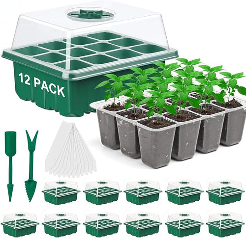 12 Pack Seed Starter Tray Seed Starter Kit (144 Cells Total Tray) with Humidity Adjustable Dome, for Seeds Growing Starting Plant Germination Trays, Mini Green House Germination Trays. by DJGINRO