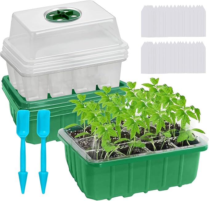 60-Cell Seed Starter Tray, 5 Pack – Cells Plant Grow Kit with Humidity-Vented Domes and Base for Organic Seed Germination, Ideal Plant Starter Kit with Labels & Transplant Tools by Unknown