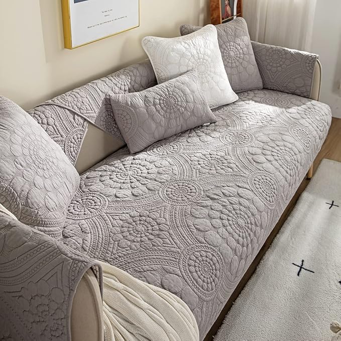 vctops Boho Circle Embroidery Couch Sofa Cover Solid Color Cotton Quilted Non-Slip Sectional Couch Covers Sofa Slipcover for Dogs, Children, Pets Furniture Protector (Grey,28"x28") - Image 4