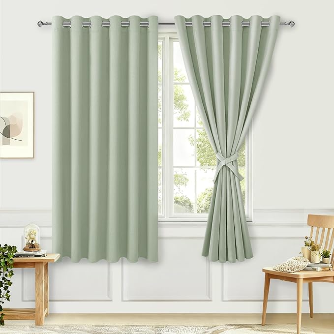 Hiasan Grommet Blackout Curtains for Bedroom, 70 x 63 Inches - Thermal Insulated & Light Blocking Window Drapes for Living Room/Dorm Room, Set of 2 Panels Sewn with Tiebacks, Seafoam Green - Image 2