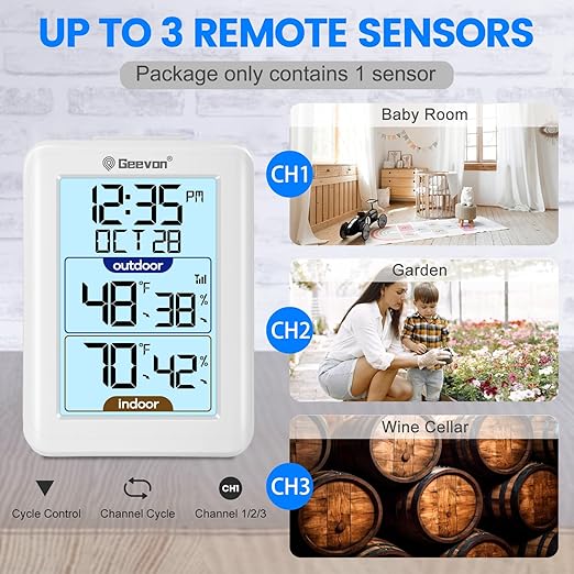 Geevon Digital Hygrometer Indoor Outdoor Thermometer Wireless with Clock, Backlight Temperature Gauge Humidity Monitor, Inside Outside Thermometer with 200ft/60m Range Remote Sensor,White - Image 3