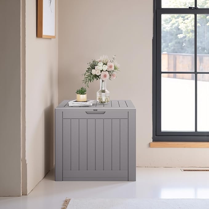 JUMMICO 42 Gallon Deck Box Waterproof, Resin Outdoor Storage Box with Side Handles, Outdoor Storage Benches Lockable for Patio Cushions and Garden Tools (Gray) - Image 5