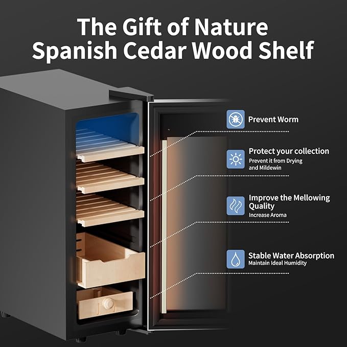 KingChii Upgrade 35L Electric Temperature & Humidity Control Cigar Humidor, Built-in Humidification System with Spanish Cedar Wood Shelves & Drawer Hygrometer Father's Day Gifts For Men(250 Capacity) - Image 5