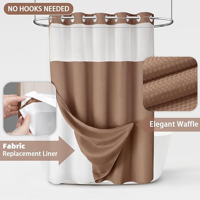 No Hook Shower Curtain and Liner Set,Mocha Brown Hotel Waffle Shower Curtain with Liner 75" L x 72" W - Image 3