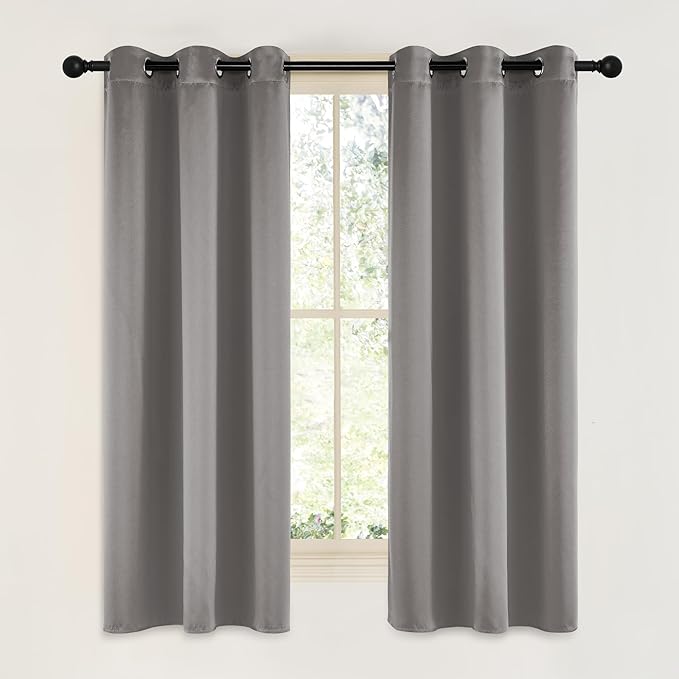 NICETOWN Room Darkening Cafe Satin Curtains for Small Windows, 42" Wide by 63" Long, 2 Panels, Chrome Gray, Grommet Privacy Blackout Drapes for Play Room by NICETOWN