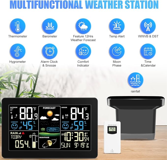 Weather Station with Rain Gauge Outdoor, Home Weather Stations Wireless Indoor Outdoor with Digital Rain Gauges, Thermometer, Barometer, Hygrometer, Atomic Clock, Weather Forecast and Alerts - Image 2