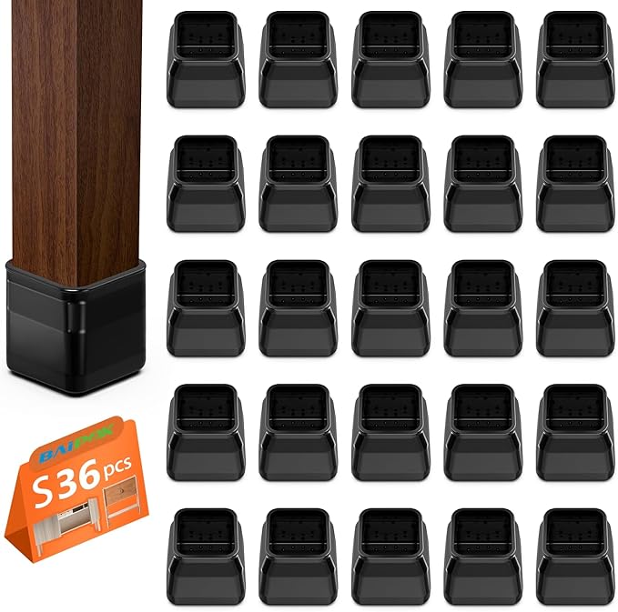 BAIPOK 36Pcs Square Chair Leg Floor Protectors, Chair Leg Protectors for Hardwood Floors, Furniture Sliders for Chair Legs, Felt Furniture Pads, Silicone Chair Leg Caps Covers, Small(Black) by BAIPOK