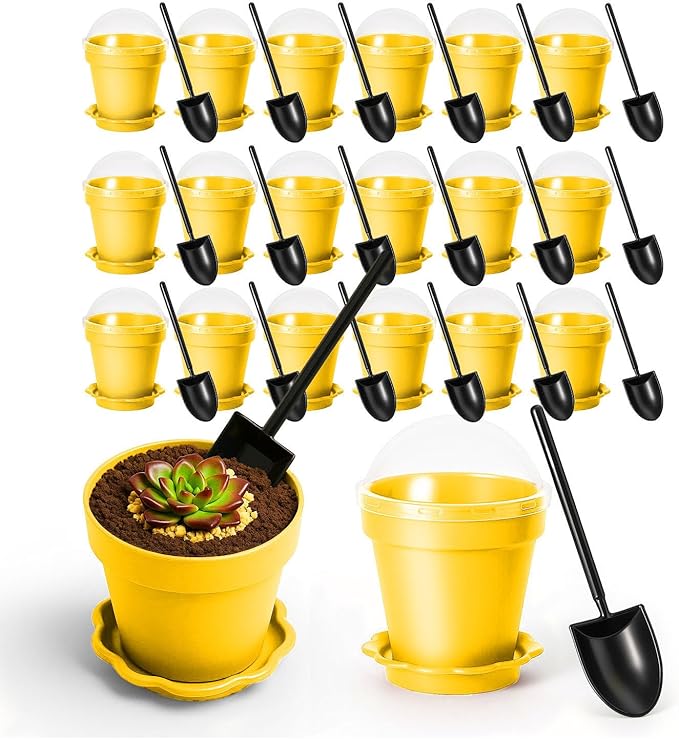 20 Pcs Nursery Pots with Humidity Dome, Flower Pot Dessert Cups with Bring A Plate and Shovel, Planting Cups for Seeds for Indoor Gardening and Plant Propagation(Yellow) by Unknown