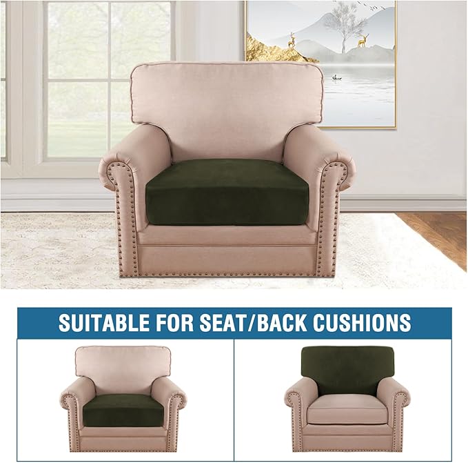 H.VERSAILTEX Velvet Stretch Couch Cushion Cover Plush Cushion Slipcover for Chair Cushion Furniture Protector Seat Cushion Sofa Cover (1 Piece Armchair Cushion Covers, Olive) - Image 3