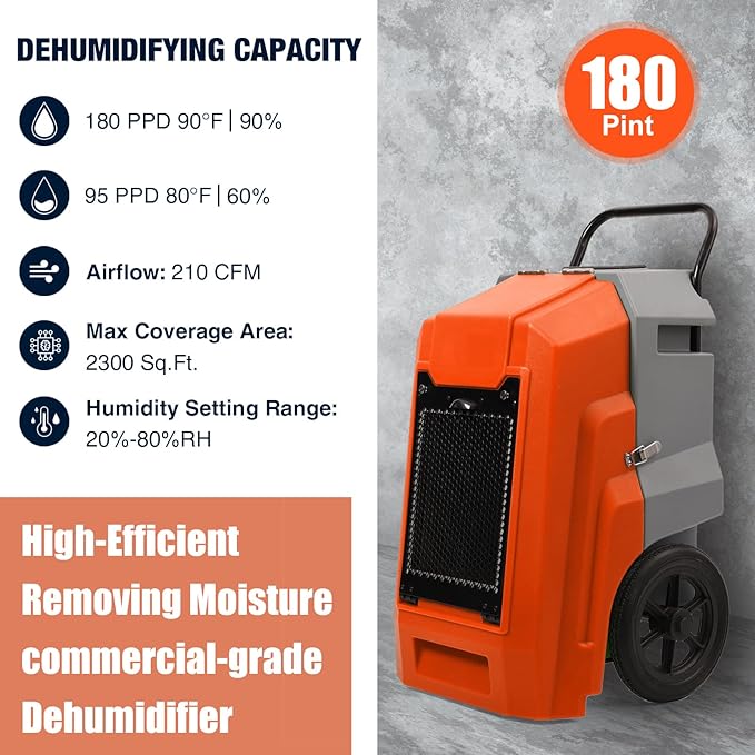 MOUNTO 180Pints LGR Industrial Dehumidifier with Pump and Drain Hose, Portable Commercial Dehumidifier with Wheels for Home, Basements, Garages, and Job Sites (Orange) - Image 2