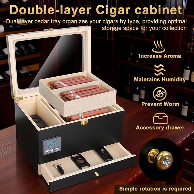 Electric Humidor Cabinet with Precision Humidity Control & Digital Display | 65-Capacity Double Cedar Shelves, Glass Top & Accessory Drawer Father's Day Gift for Men Black - Image 3