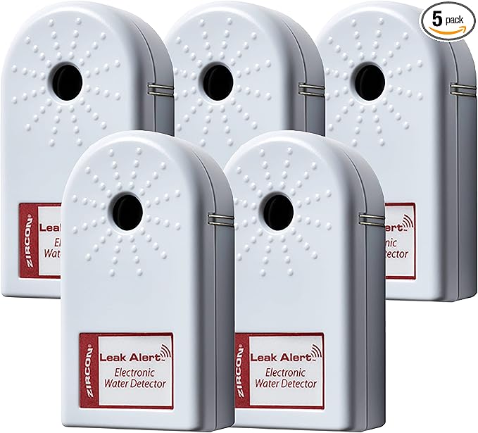 Zircon Leak Alert Water Leak Detector & Flood Sensor Alarm/Water Leak Sensor with Dual Leak Alarms 90dB Audio/Battery Powered (5 Pack) Batteries Not Incuded, (72310) by Zircon