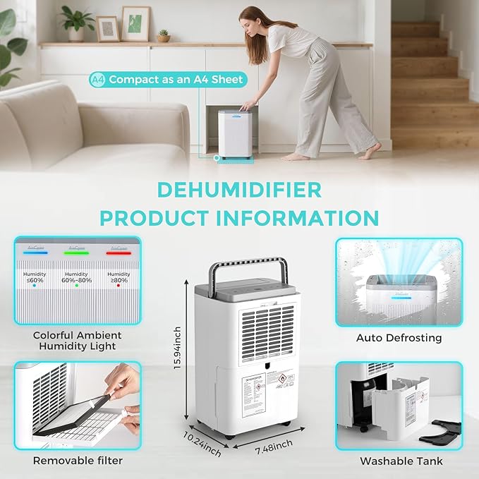 1500 Sq.Ft Dehumidifier, Max 32 Pint Quiet Dehumidifier for Bedroom with HEPA Filter Air Purifiers, Dehumidifiers for Basement with Drain Hose,Home,Bathroom,Auto Defrost,Smart Humidity Control - Image 5
