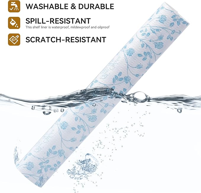 RAY STAR Shelf Liner, Non Adhesive Wisteria Blue Floral Kitchen Cabinet Liner for Pantry Drawer, Strong Grip Non Slip Waterproof, Shelf Liners for Kitchen Cabinets Cupboard 12 Inch x 10 FT (4 Rolls) - Image 2