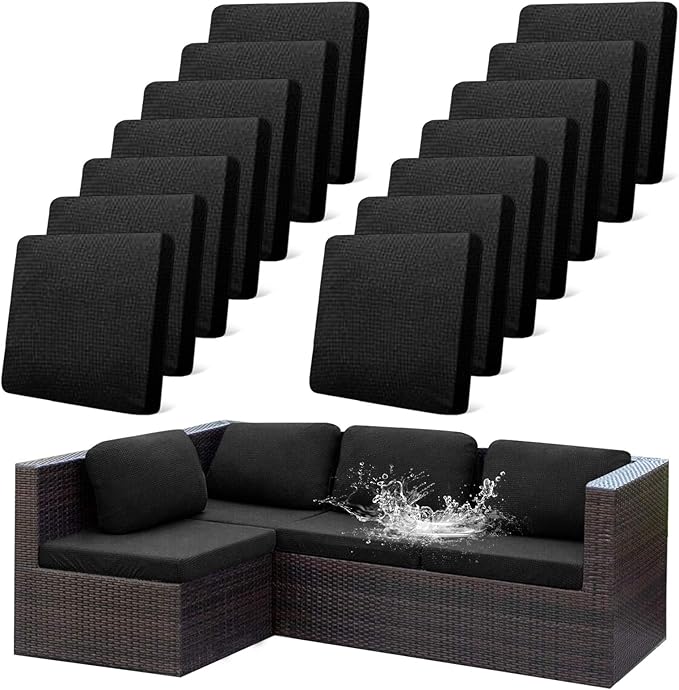 14Pcs Outdoor Stretch Cushion Covers,Waterproof Outdoor Chair Cushion Covers for Patio Furniture, Washable Jacquard Couch Covers Replacement for Patio Furniture(Black, Cover Only) by CALBODE