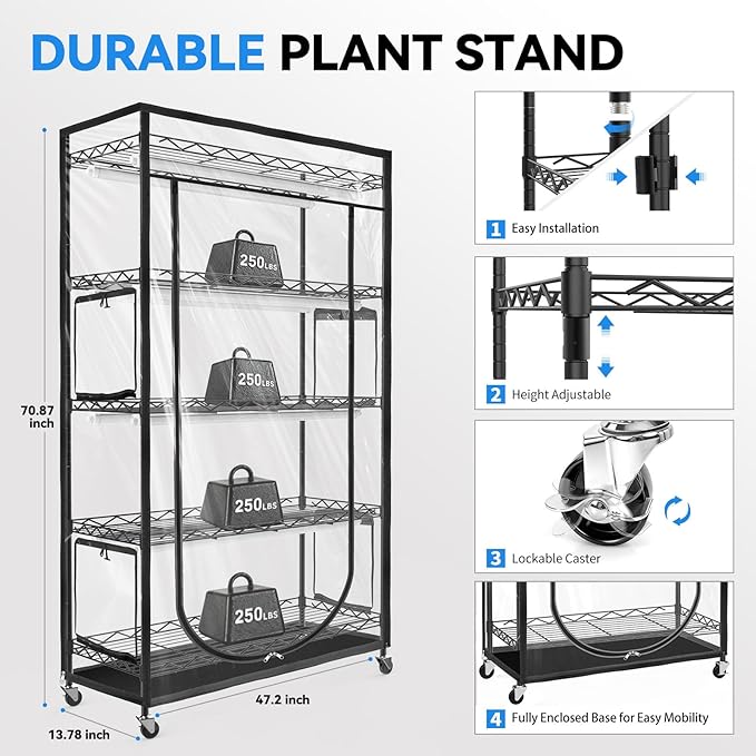 JESLED Indoor Greenhouse with Grow Light, 4FT Full Spectrum 5000K LED Light for Seed Starting, Tiered Lighting Control, Built-in Timer & Thermo-Hygrometer, Rolling Metal Plant Stand (47.2x13.8x70IN) - Image 7