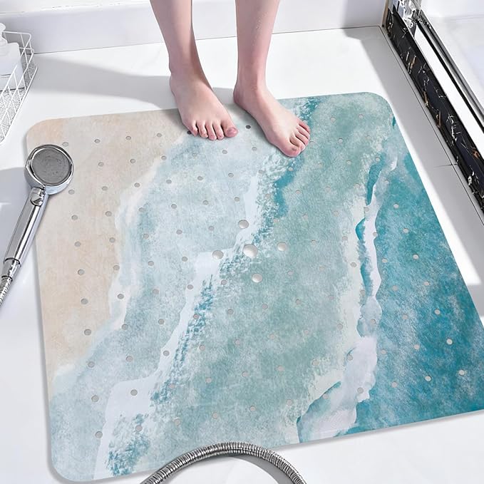 Beach Square Anti Slip Shower Mats for Inside Shower Accessories, Cute Bath Mats for Bathroom Non Slip Shower Floor Mat Sea Decor Rubber Bathmat with Suction and Drain Holes Machine Washable, 21″X21″ by Unknown
