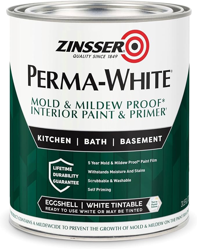 Zinsser 02774 PERMA-WHITE Mold & Mildew Proof Interior Paint, Quart, Eggshell White by Rust-Oleum