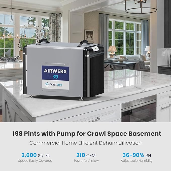 BASEAIRE 198 Pints Energy Star Crawl Space Commercial Dehumidifier, 5 Years Warranty, Large Industrial Water Damage Equipment for Basement, Garage and Job Sites, AirWerx 90 - Image 3