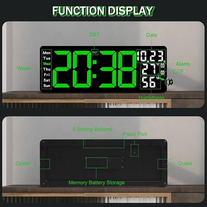 JoFomp 17.3" Large Digital Wall Clock, LED Digital Clock Large Display with Remote Control, Alarm Clock with Temp/DST/Dimmer/Humidity/Timer/Ambient Light - 12/24H, Alarm Wall Clock for Bedroom - Image 8