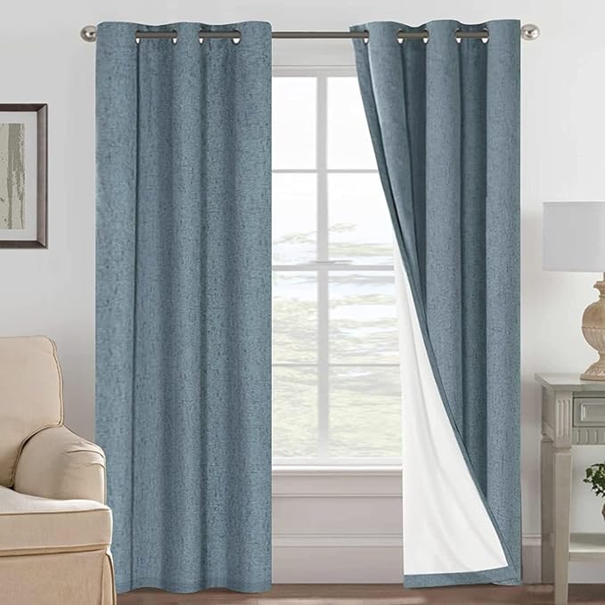 H.VERSAILTEX Primitive Linen Curtains 100% Blackout Curtain Drapes Burlap Curtains with White Thermal Insulated Liner, Grommet Top Drapes Living Room/Bedroom (2 Panels, 42 x 84 Inch, Stone Blue) by HVERSAILTEX
