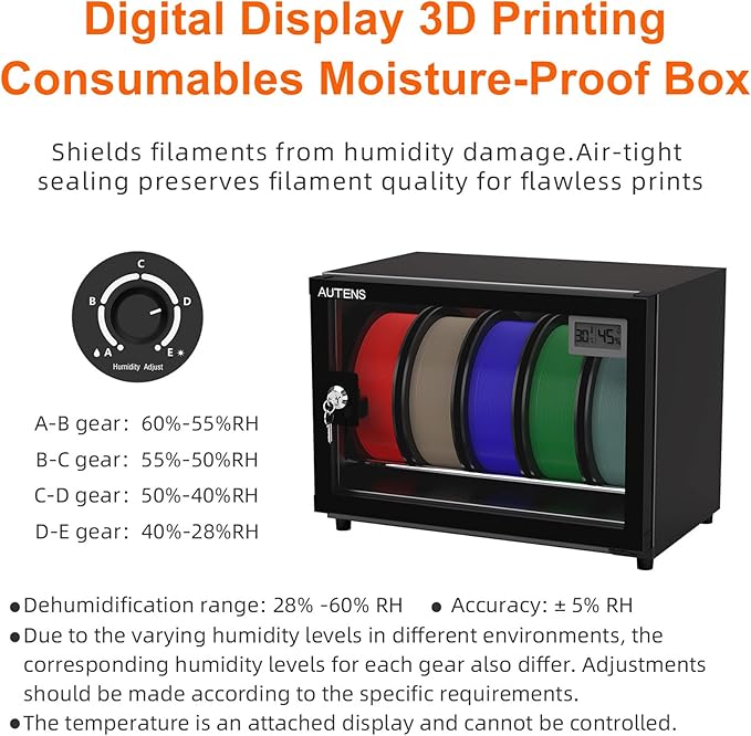 AUTENS 25L 3D Printer Filament Dehumidifier Storage Cabinet Box, Holds 5 Rolls with Humidity Control for Filament Storage, Transparent Glass & Aluminum Alloy, Noiseless & Stackable for PLA/ABS/PETG - Image 4