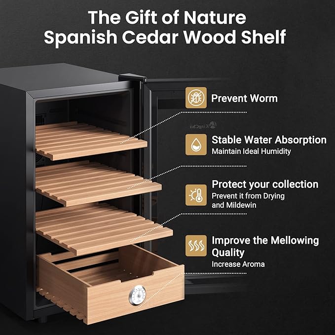 KingChii 48L Electric Cigar Humidors with Temperature Control System, Cigar Cabinet with Spanish Cedar Wood Shelves & Hygrometer, Father's Day Gifts for Men (4 Layers 300 Capacity) - Image 4