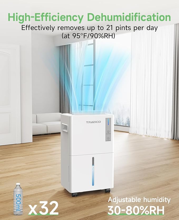 1500 Sq.ft Dehumidifier for Basement, Trazico 21 Pint Quiet Dehumidifiers for Home with Drain Hose, Smart Humidity Control, 3 Modes, 24H Timer, Auto Defrost, for Large Room, Bedroom, and Bathroom - Image 2