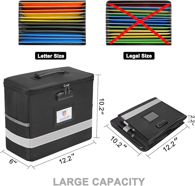 Fireproof File Box with Lock, Document Box Storage Organizer, Suitable for Hanging File Folders in Letter Size, Collapsible File Box, Reflective Strip for Fast Find (12.2"*6"*10.2 (Black, 2Pcs) - Image 4