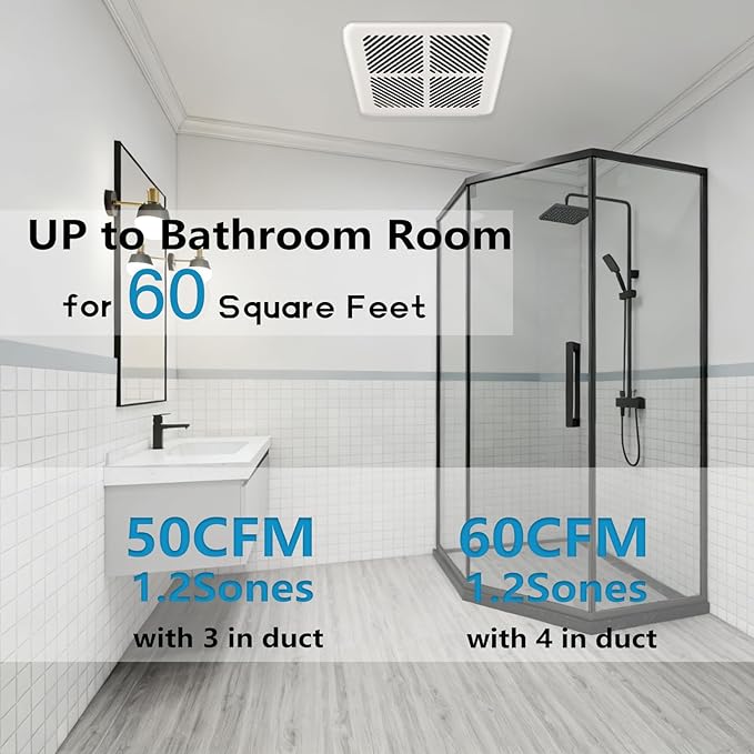 Tech Drive Very Quiet Bathroom Exhaust Fan - 60 CFM/50 CFM, 3&4-Inch Duct Included, No Attic Access Needed, Energy Star, Easy to Install, Ceiling Mounted for Bathrooms Up to 55 Sq. Ft, White - Image 3