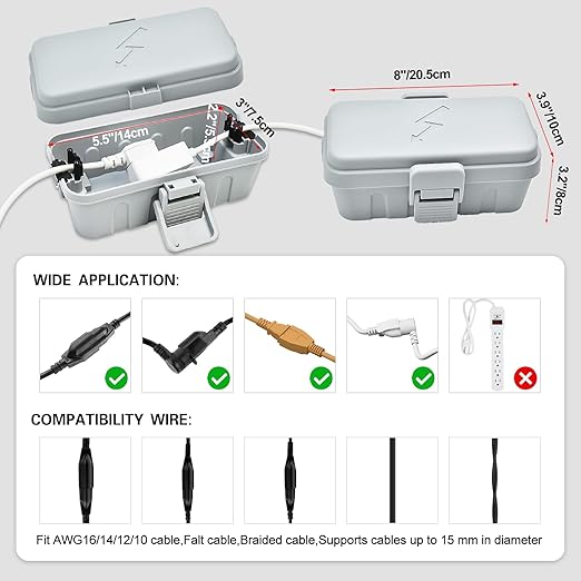 Hrensaw Small Weatherproof Electrical Connection Box(Inner 5.5 x 3 x 2.2inch),Outdoor Electrical Box,Waterproof Extension Cord Covers for Plug, Extension Cables, Holiday Lights,Grey - Image 2