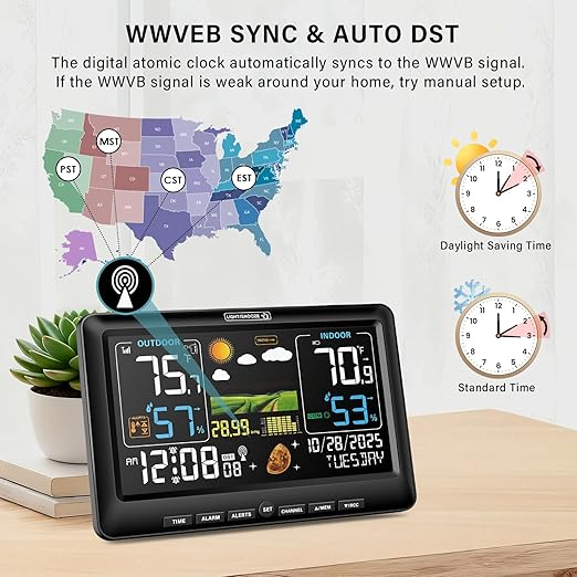 BluSon Weather Station Wireless Indoor Outdoor Thermometer, Color Display Digital Temperature Humidity Monitor with Atomic Clock, Weather Forecast, Adjustable Backlight, Home Weather Statio, Black - Image 3