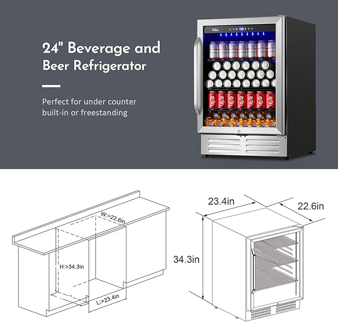 24 Inch Beverage Refrigerator Cooler,210 Cans Wide Beverage and Beer Fridge with Glass Door and Powerful Cooling Compressor, Built-in/Freestanding Drink Fridge for Kitchen, Bar or Office - Image 7