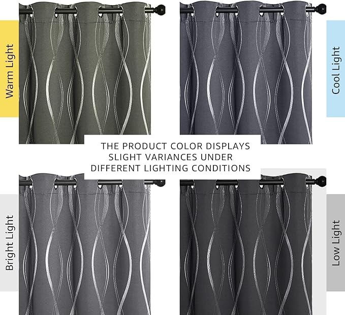 NICETOWN Grey Blackout Floral Pattern Curtains for Living Room 84 inch Long 2 Panels Set, Noise Reducing Thermal Insulated Wave Line Foil Print Bedroom Drapes for Patio Sliding Glass Door (52 x 84) - Image 3