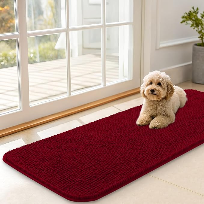 OLANLY Dog Door Mat for Muddy Paws 47x17, Absorbs Moisture and Dirt, Absorbent Non-Slip Washable Doormat, Quick Dry Chenille Mud Mat for Dogs, Entry Indoor Entryway Carpet for Inside Floor, Red by OLANLY