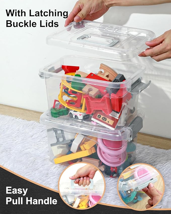 Plastic Storage Bins 7 Quart-Storage Organizer Bins with Grey Buckle Lids, Stackable Storage Bins with Lids for Home Office Kids Room Closet School Art Supplies Organization,6 Packs, Clear - Image 5
