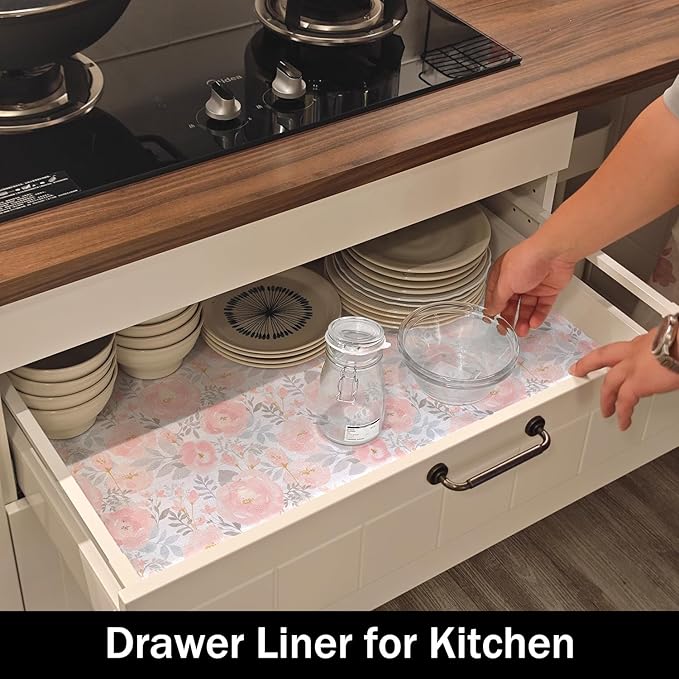 Floral Shelf and Drawer Liner for Kitchen,12IN x 20FT Non-Adhesive and Strong Non-Slip Peony Cabinet Drawer Liners for Kitchen Shelf, Waterproof Cupboard Liners,Easy to Clean - Image 3