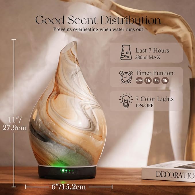 Porseme 280ml Essential Oil Diffuser Glass Color Changing Aroma Air Diffusers Aromatherapy Ultrasonic Cool Mist Humidifier 7 Running Hours Waterless Auto-Off for Sleeping, Yoga, Spa (Jupiter) - Image 3