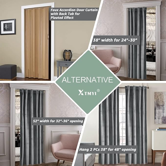 XTMYI Grey Velvet Privacy Room Divider Curtains for Room Separation,Back Tab Door Folding Screen Hanging Indoor Doorway 60-70% Soundproof Curtain for Office Partition Living Room Bedroom Window,Gray - Image 2