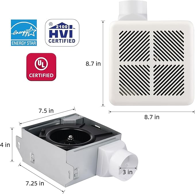 Tech Drive Very Quiet Bathroom Exhaust Fan - 70 CFM, 2.0 Sone, No Attic Access Needed, Energy Star Certified, Easy to Install,3-Inch Duct, Ceiling Mounted for Bathrooms Up to 75 Sq. Ft, White - Image 4