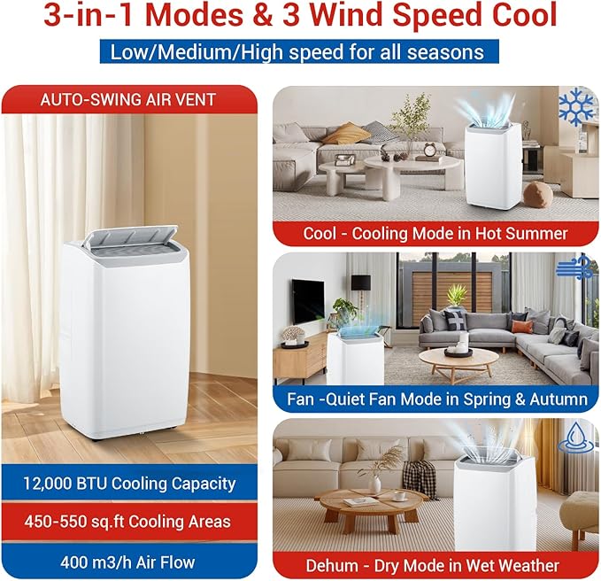 12,000 BTU Portable AC Units for Rooms, 3-In-1 Portable Air Conditioner Up to 550 Sq.Ft(Approx.) | Remote, LED Display, 24H Timer | Includes Window Kit & Extendable Hose, White-3032 - Image 5