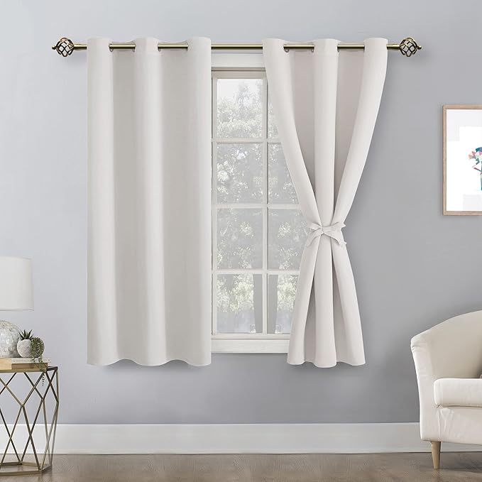 Hiasan Short Blackout Curtains for Bedroom - Thermal Insulated & Light Blocking Window Curtains for Living Room/Kids Room, 2 Drape Panels Sewn with Tiebacks, Ivory, 42 x 45 Inch - Image 2